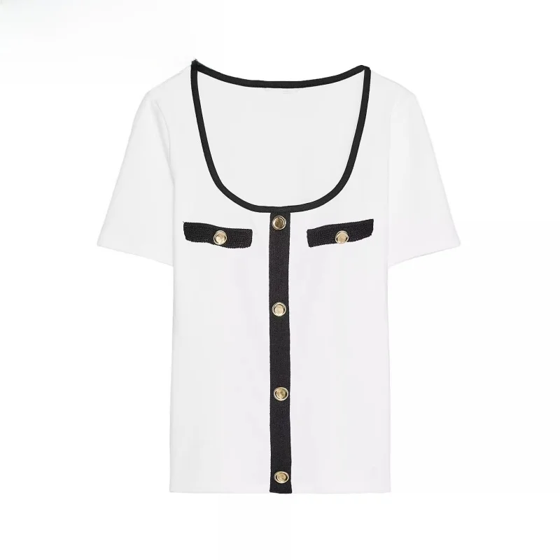 

Slim Fit Summer New Arrival Women's T-irt round Ne ort Sve Color Blo Design Small Fraance Sle Faion Top