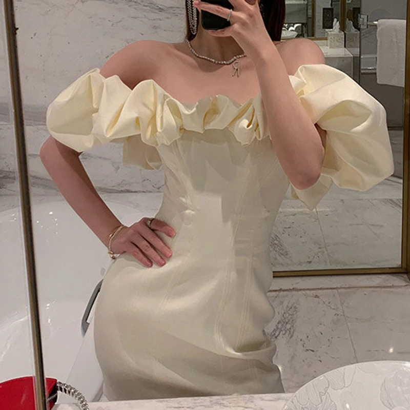 Waist dress 2022 spring women's one-shoulder white French retro dress 2022 new spring summer  Slim  vintage  Sheath