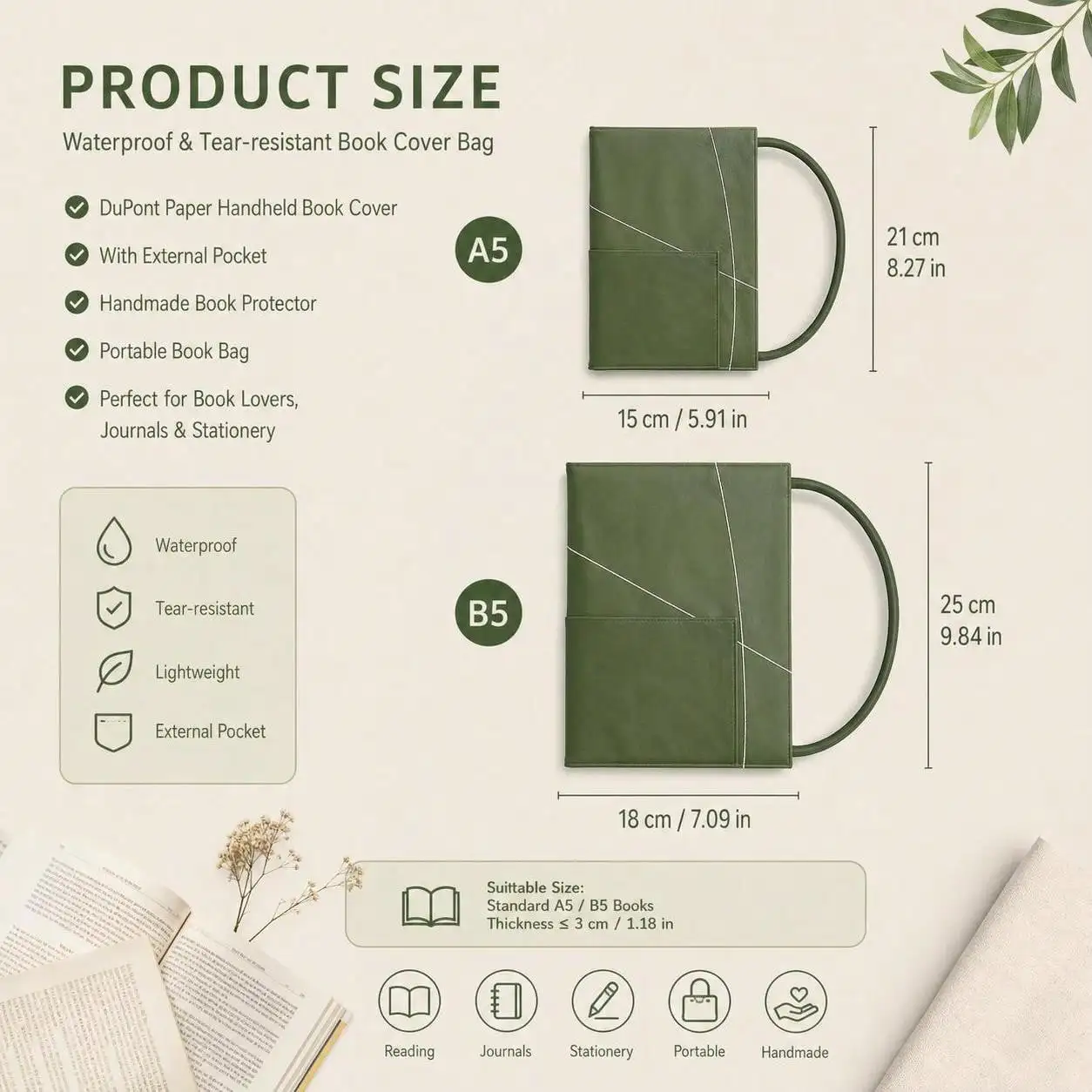 A5 B5 Book Cover with Carry Handle Waterproof Tear Resistant Handmade Book Protector Jacket Outer Pocket Portable Book Bag