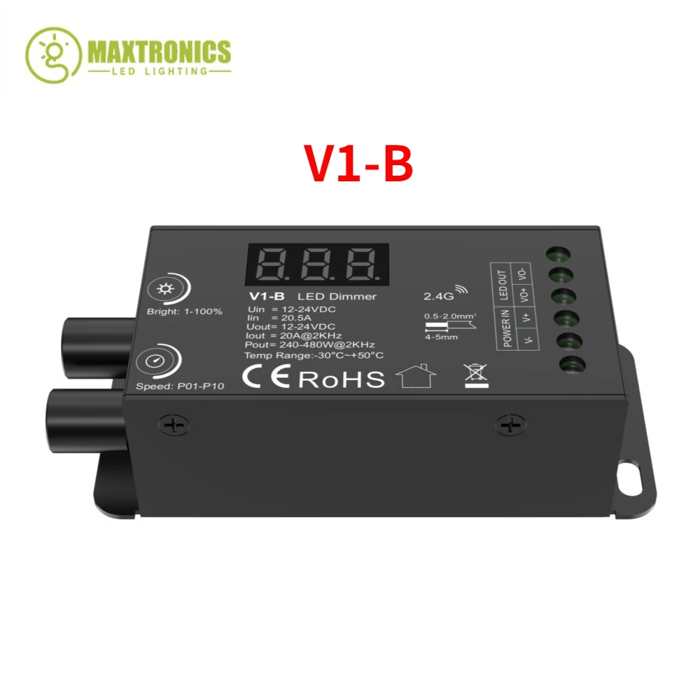 

Dual Knob Constant Voltage LED Dmmer 1CH*20A Wireless Remote Control Numeric Display CV Controller V1-B for LED Strips 12-24VDC