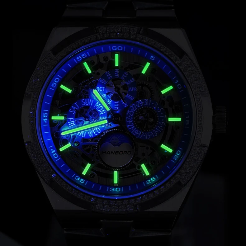 HANBORO ผู้ชายนาฬิกาอัตโนมัติ 42 มม.นาฬิกาข้อมือ Muliti Dial 50M กันน้ําเดือนสัปดาห์วันที่ Night-Day