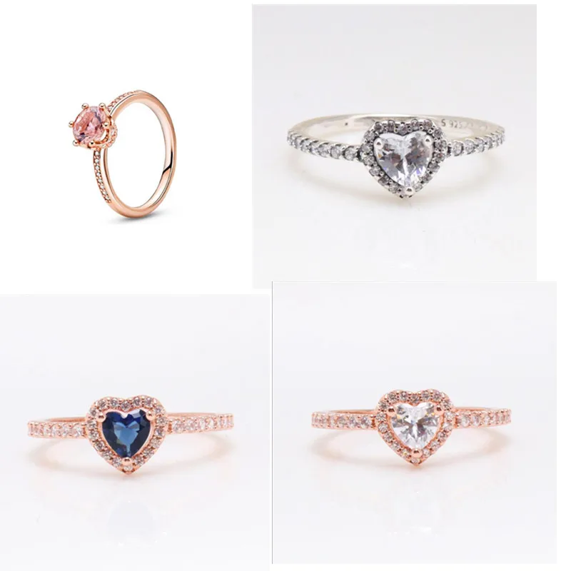 

925 Sterling Silver pan Ring Elevated Heart Ring With Crystal For Women Wedding Party Gift Fashion Jewelry