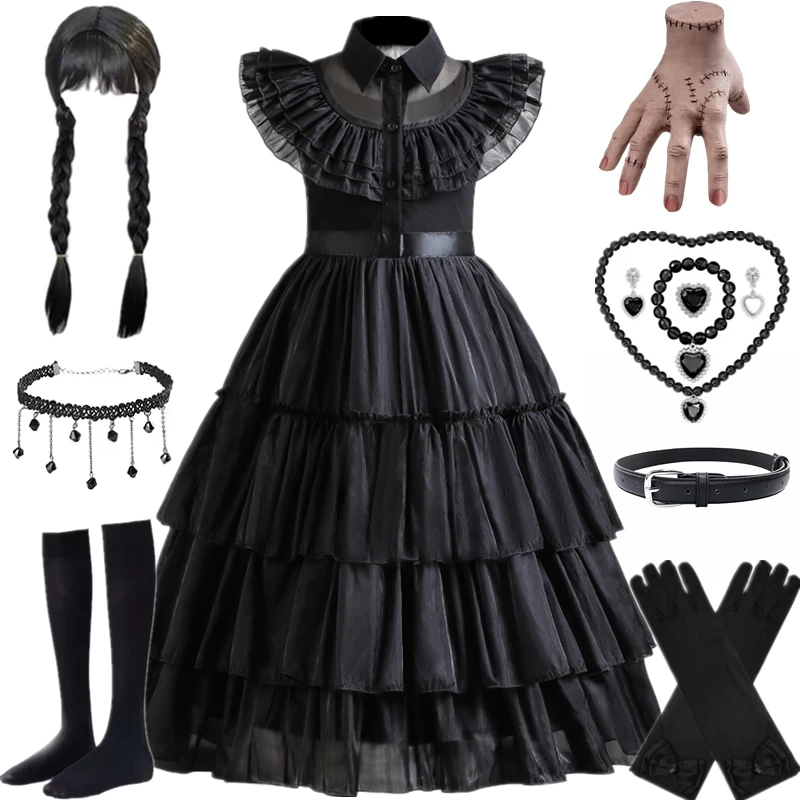 Wednesday Addams Costumes Girls Birthday Princess Costume Black Fancy Kids Halloween Carnival Dancing Party Suit for Girls 3-12Y