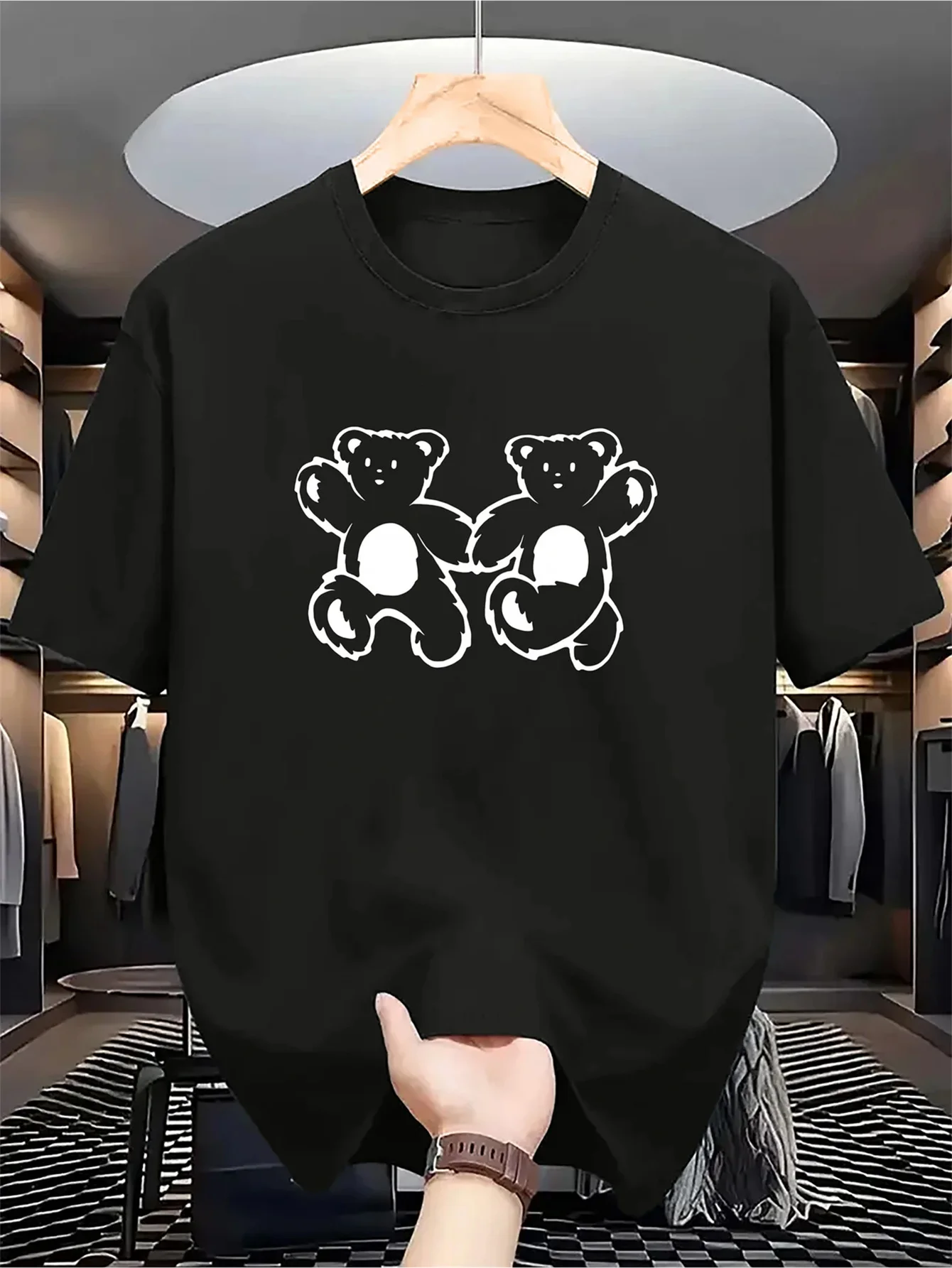 Camiseta de hombre 2026 con estampado de cara de oso lindo - Camisa casual de manga corta con cuello redondo, ligera para todas las estaciones, talla M