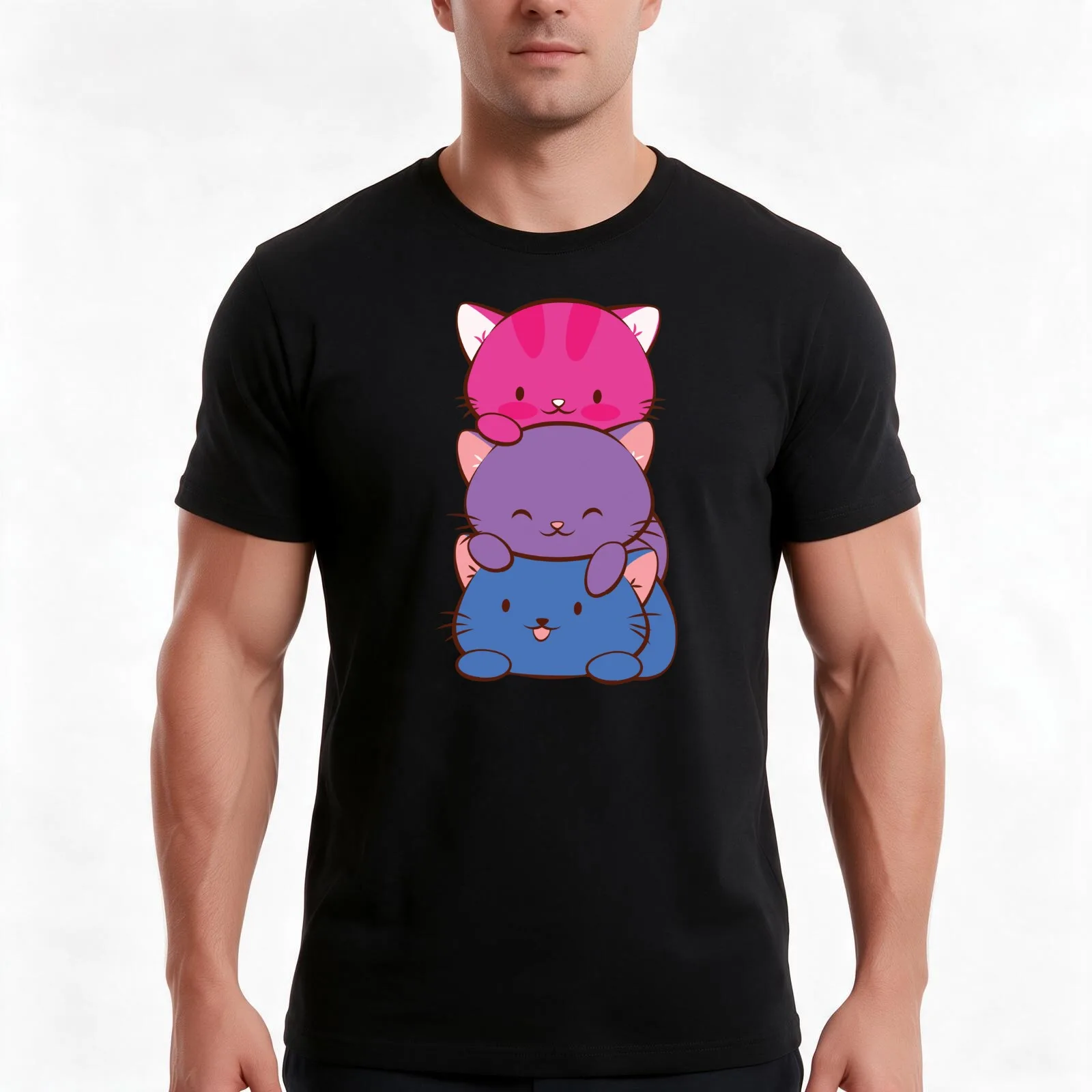 Bisexual Flag LGBT Bi Pride Cute Kawaii Cats T-Shirt, Summer Casual Cotton Tee, Oversized Streetwear Tops, Vintage Graphic Print