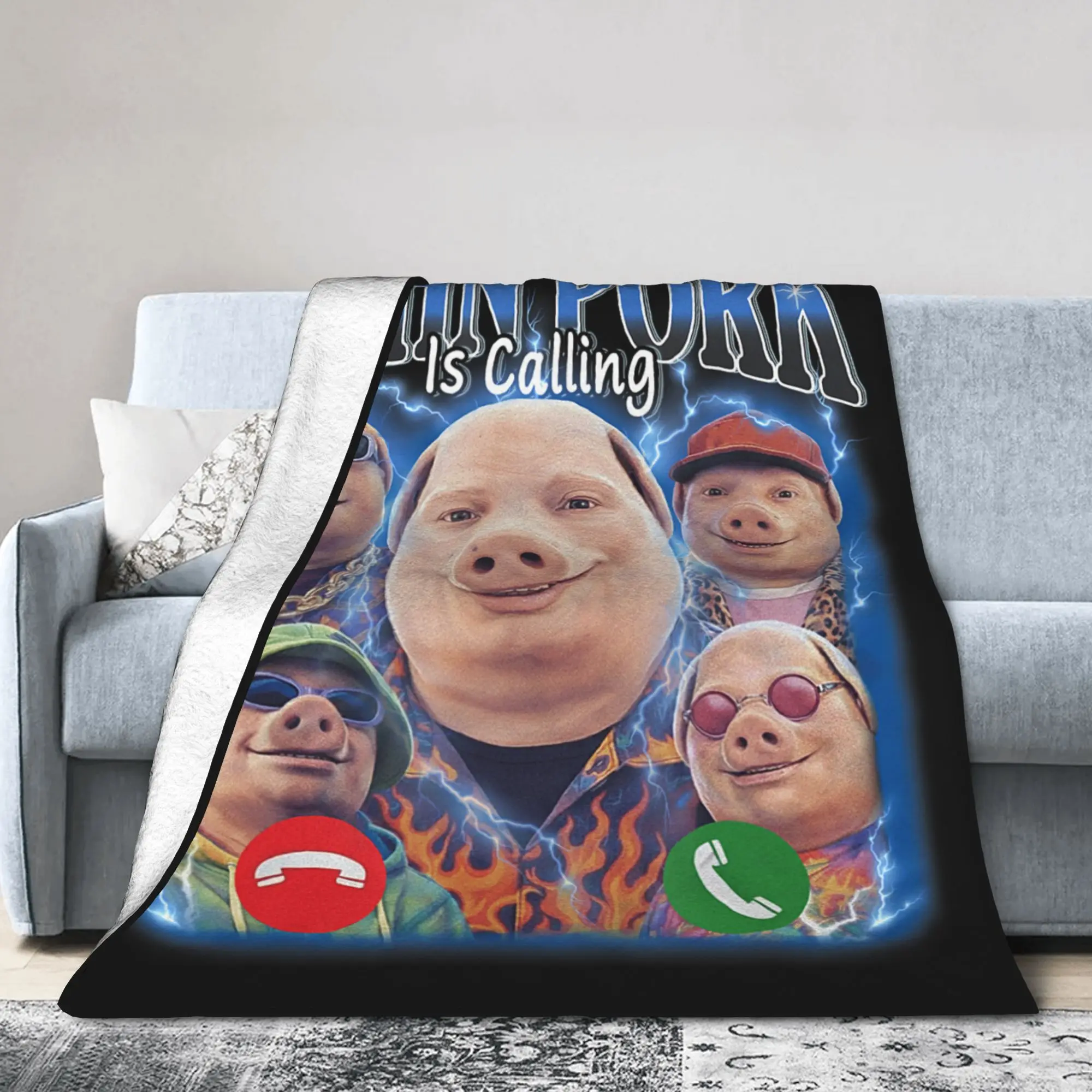Funny John Pork Phone Calling Meme Flannel Blankets Brainrot Bedding Throw Blankets for Home Bed Ultra-Soft Travel Breathable