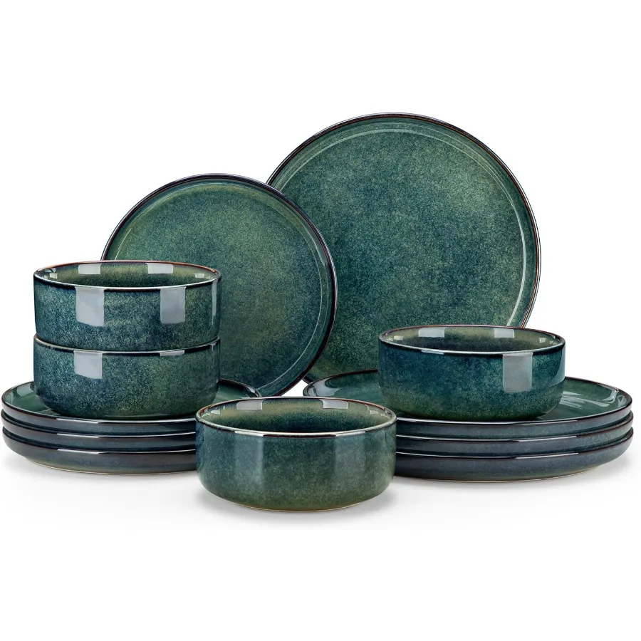 

Starry 12 Pieces Dinnerware Sets for 4 Green Reactive Glaze Dishes Sets Ceramic Plates and Bowls Set Dinner Salad Dessert Plate