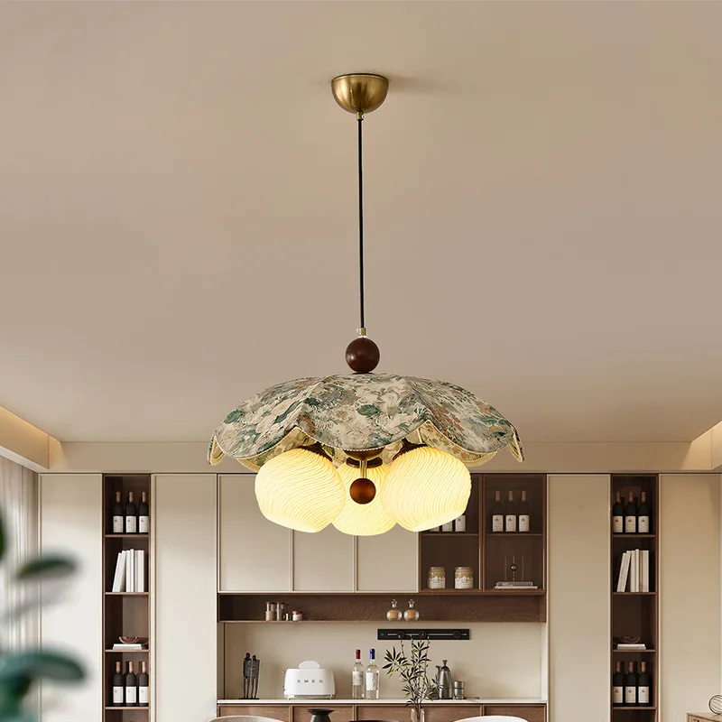 French Medieval Style Pendant Lightstextile Crafts Glass Lampshade LED Ceiling Chandelier Parlor Dining Room Indoor Hanging Lamp