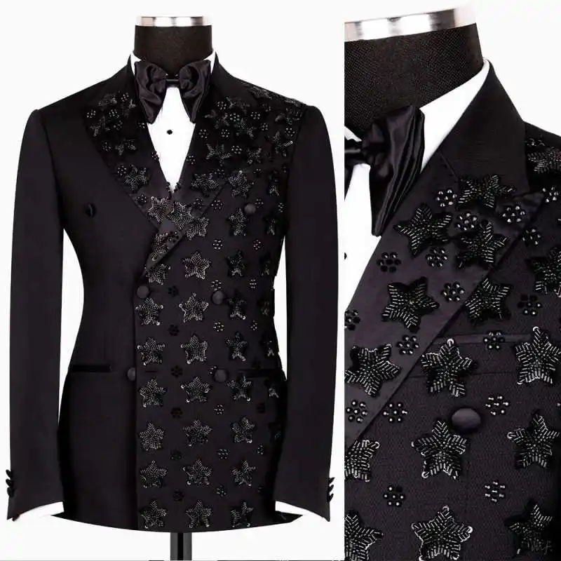 

Luxuxry Wedding Groom Tuxedos Peaked Lapel Double Breasted Slim Fit Blazer Beaded Special Occasion Party Customized