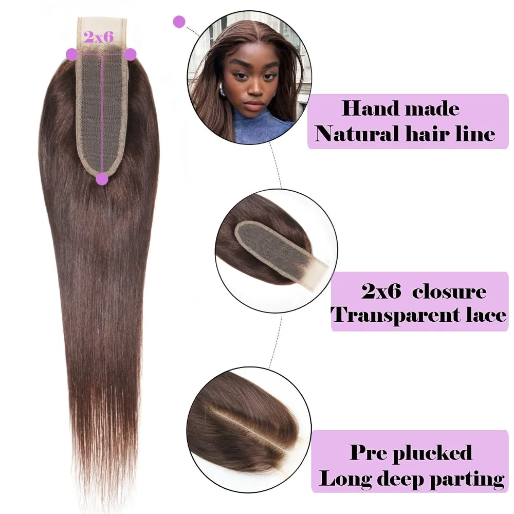 Цвет 2, темно-коричневые прямые 2x6, человеческие волосы, кружевная застежка, длинный глубокий пробор, бразильские девственные волосы, 10-22 дюйма, плотность 150%, полный конец