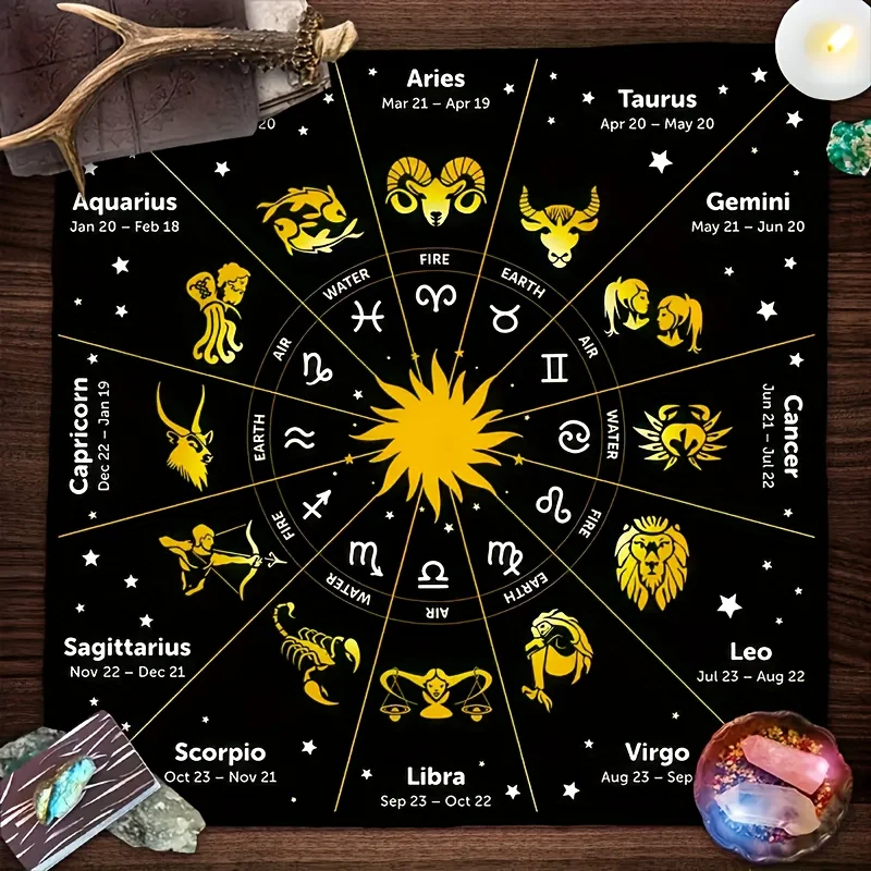 VIKAMA Tarot Altar Cloth Black Gold Zodiac Wheel Divination Mat Reading Witchcraft Spiritual Astrology Home Decor