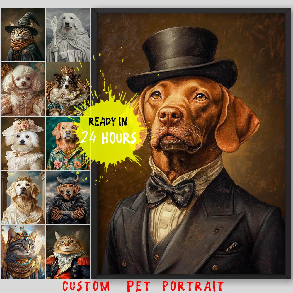 Custom Pet Portrait Canvas Painting,Vintage Renaissance Dog Cat Portrait Wall Art,Personalized Pet Art Poster Pet Lover Gift
