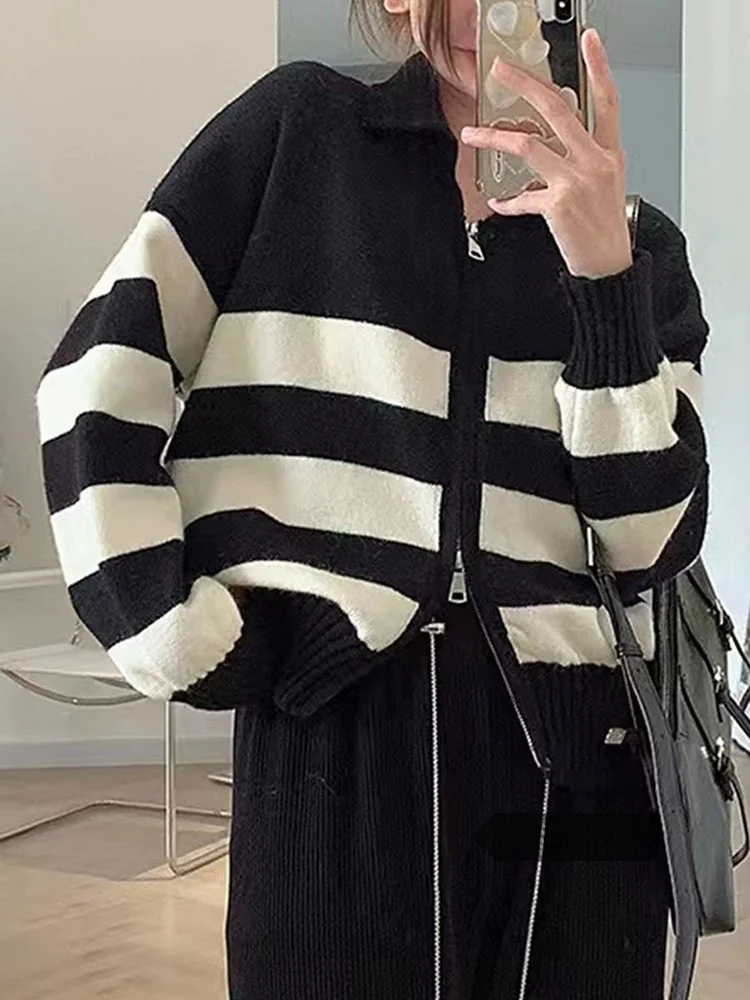 

Autumn Winter New Sle Double Head Zipper Knitted Cardigan Long Sve Striped Small Size Jaet Warm Top for Women