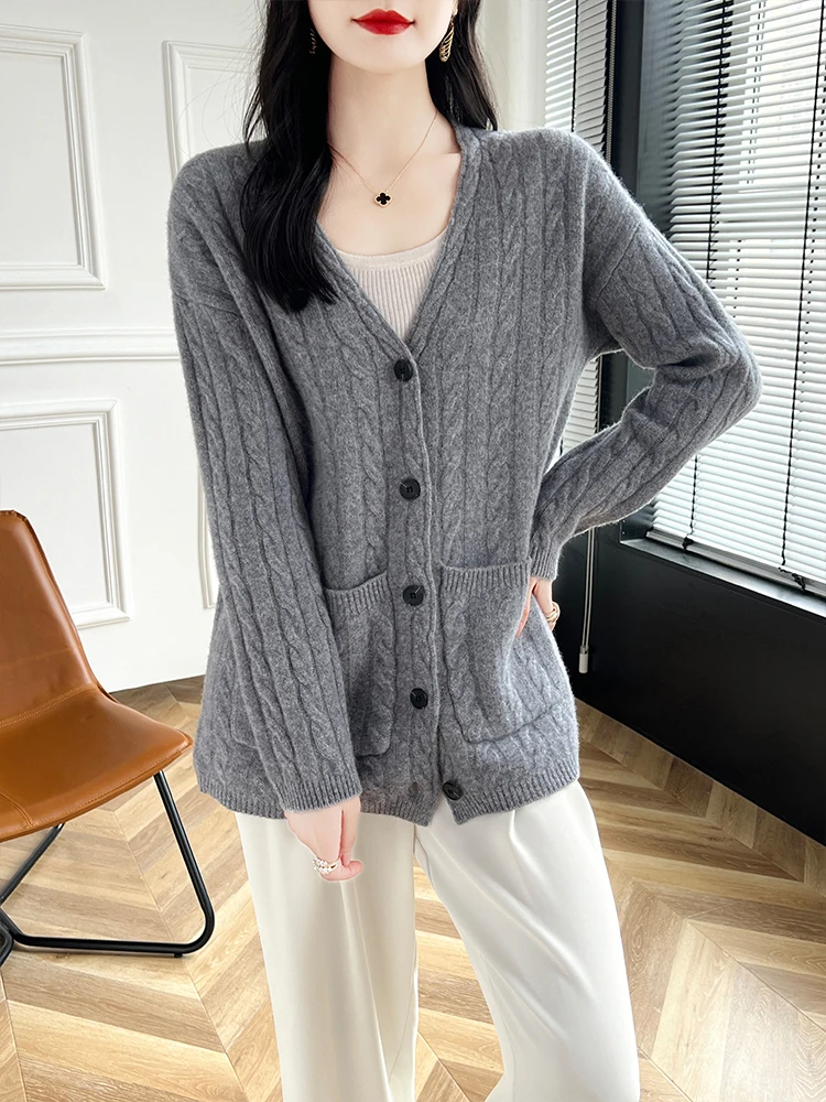 

100% Merino Wool Knitwear Women's V-neck Cardigan Sweater With Pockets Autumn Winter Twist Flower Fashion Cashmere Clothing Coat