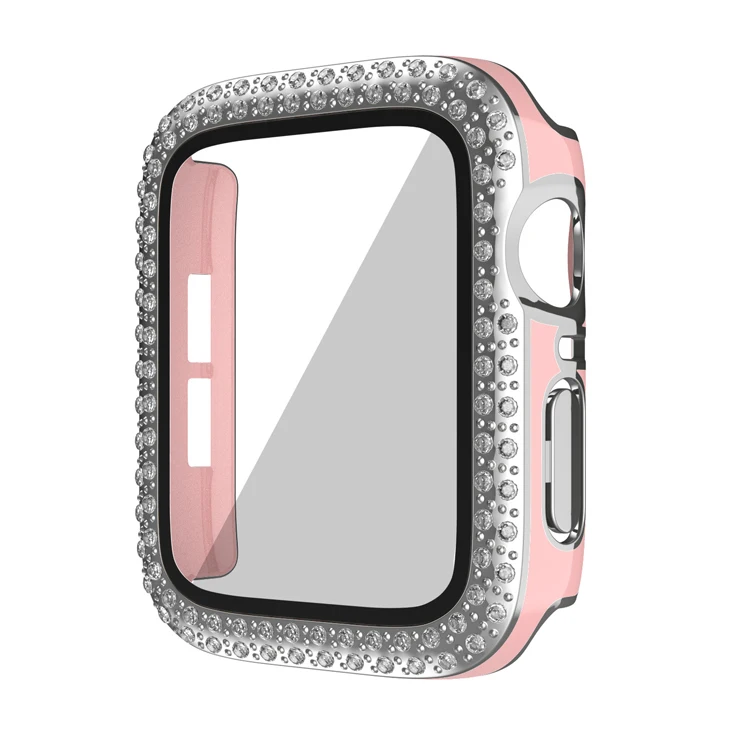 Capa de relógio + película temperada para apple watch 44mm 42mm 40mm 38mm caixa de diamante de fileira dupla para iwatch 6 5 4 3 2 1 se capa protetora