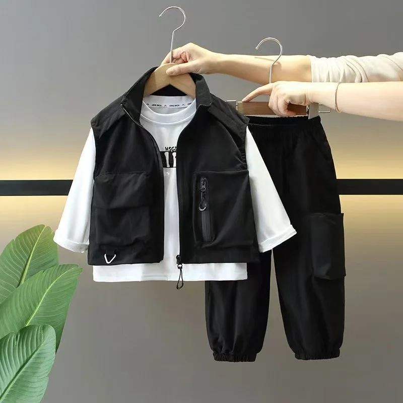 

2-9 Year Children's Autumn Outfit Fashionable 2026 New Style Boys Casual Vest+T-shirt+Pants 3 PCS Kids Clothing Set 90-150cm