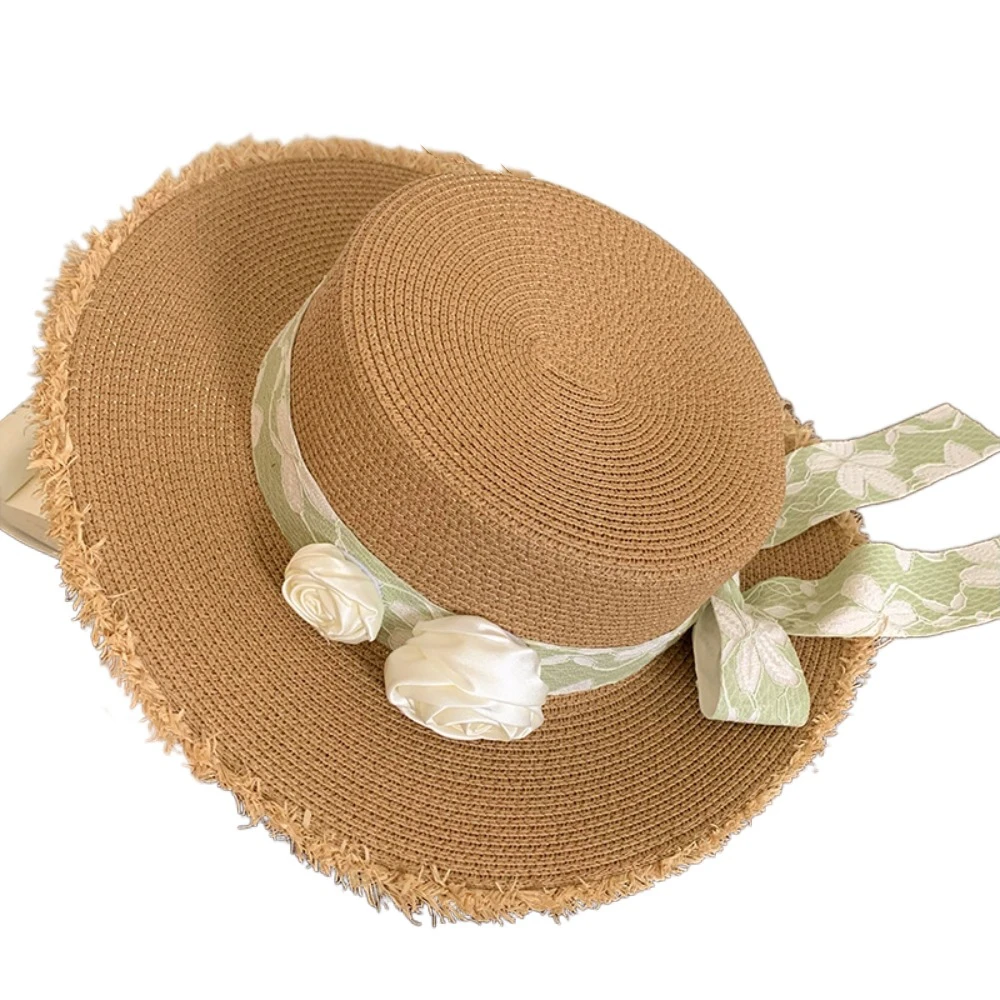 

Elegant French Style Lace Floral Brim Cap Flat Top Wide Brim Sunscreen Hat Sweet Lolita Women's Sun Hat Beach