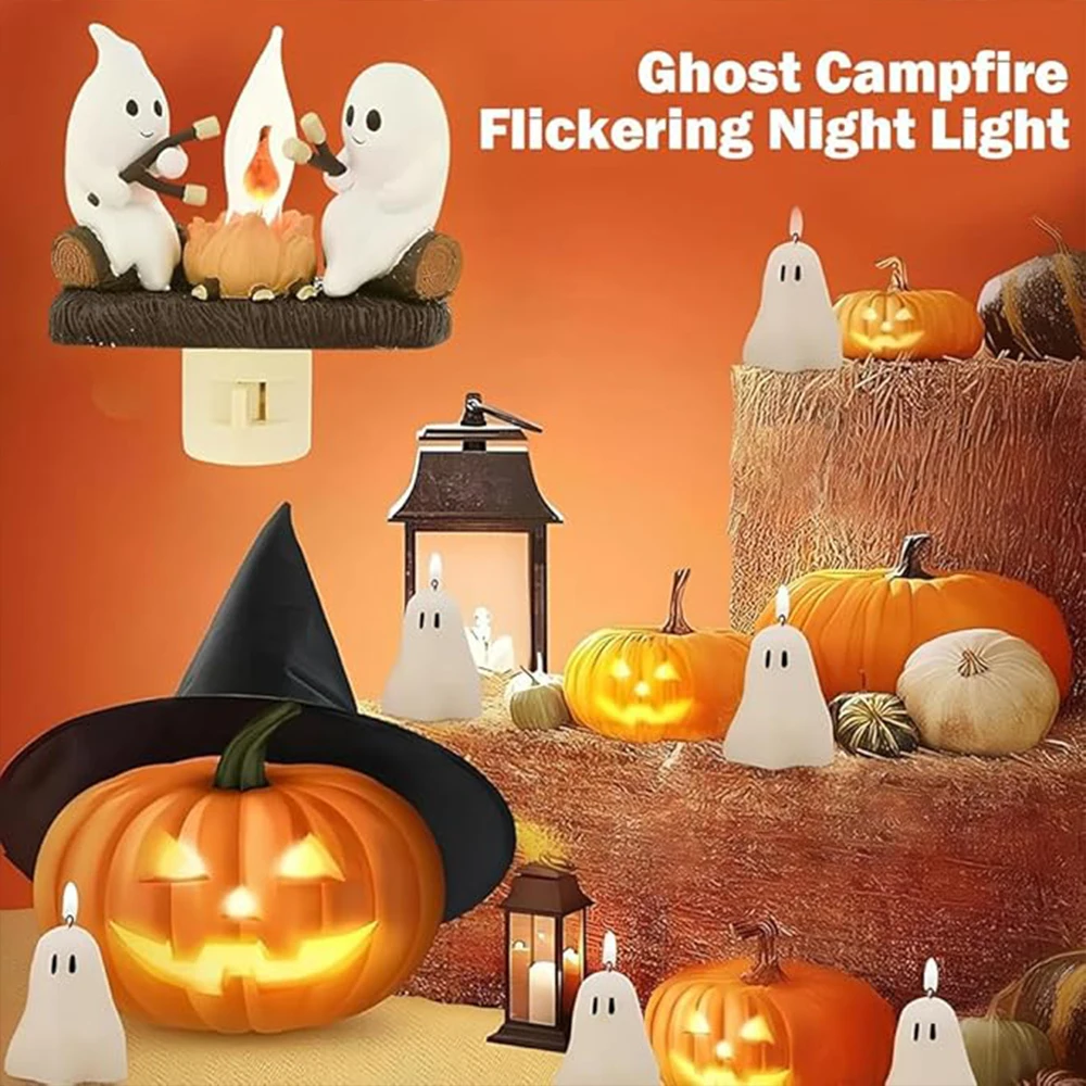 2024 Ghost Campfire Flickering Nightlight 2 Ghosts Roasting Plug Wall Spooky Fire Marshmallow Night Light for Halloween Decor