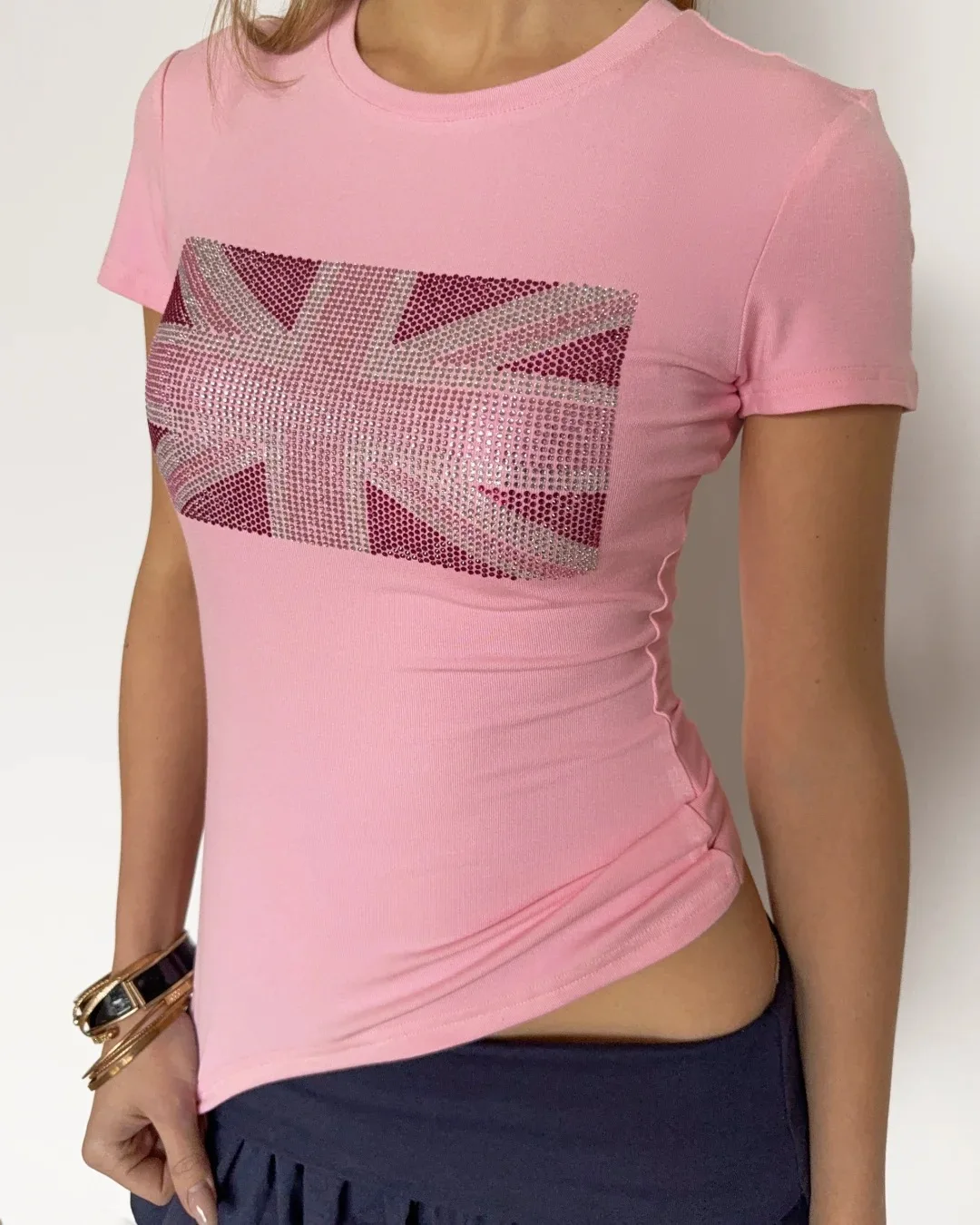 Ins Streetwear Crop-Top für Damen Amerikanischer Vintage Punk Y2K Einzigartiges Perlenbesetztes Slim-Fit Kurzarm-Oberteil im Spicy-Girl-Stil – Detail 2