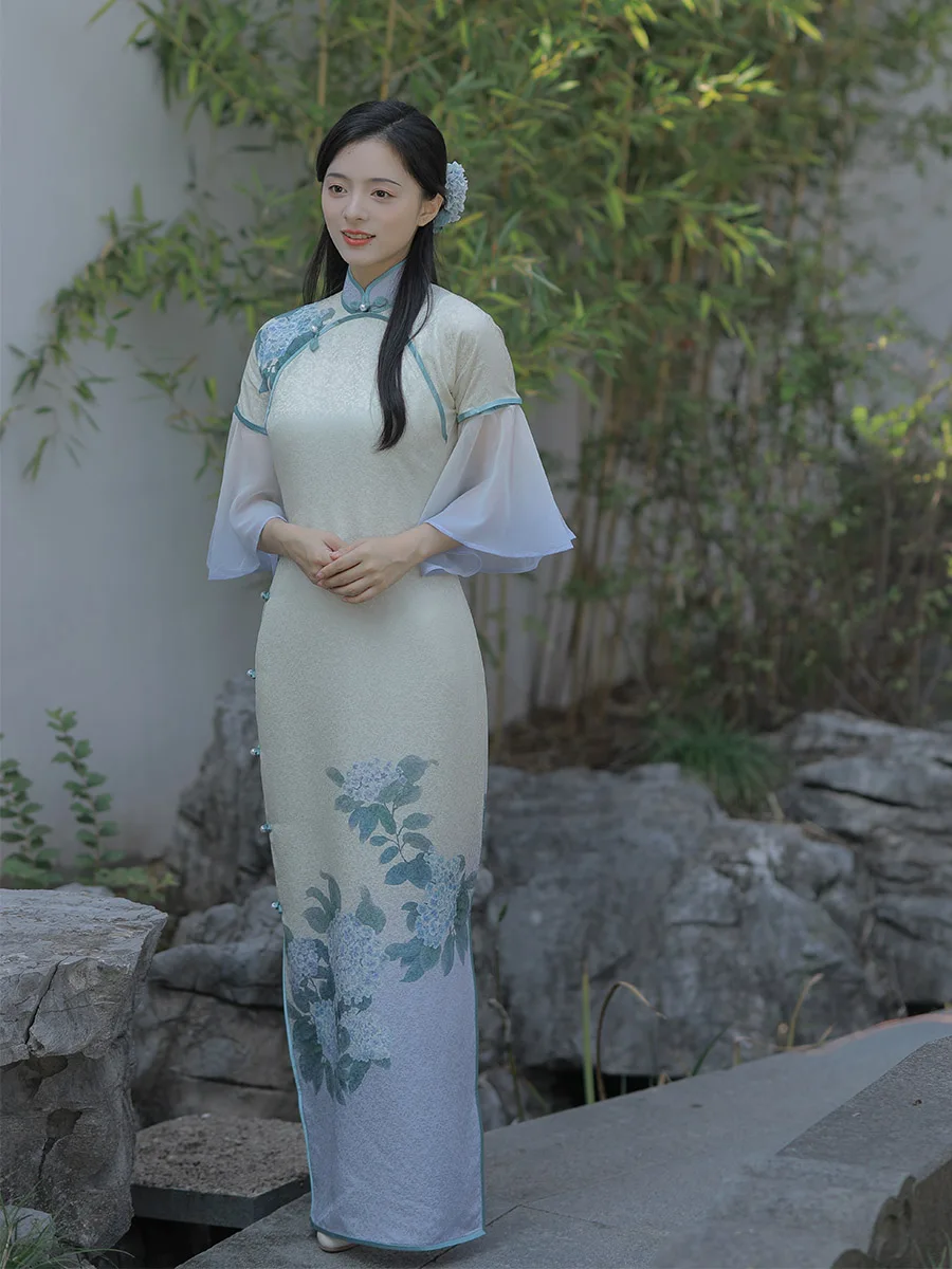 

Винтажная длинная блузка из шелковой смеси с двойным круглым воротником, коротким рукавом и цветочной вышивкой для повседневной носки для молодых девушек