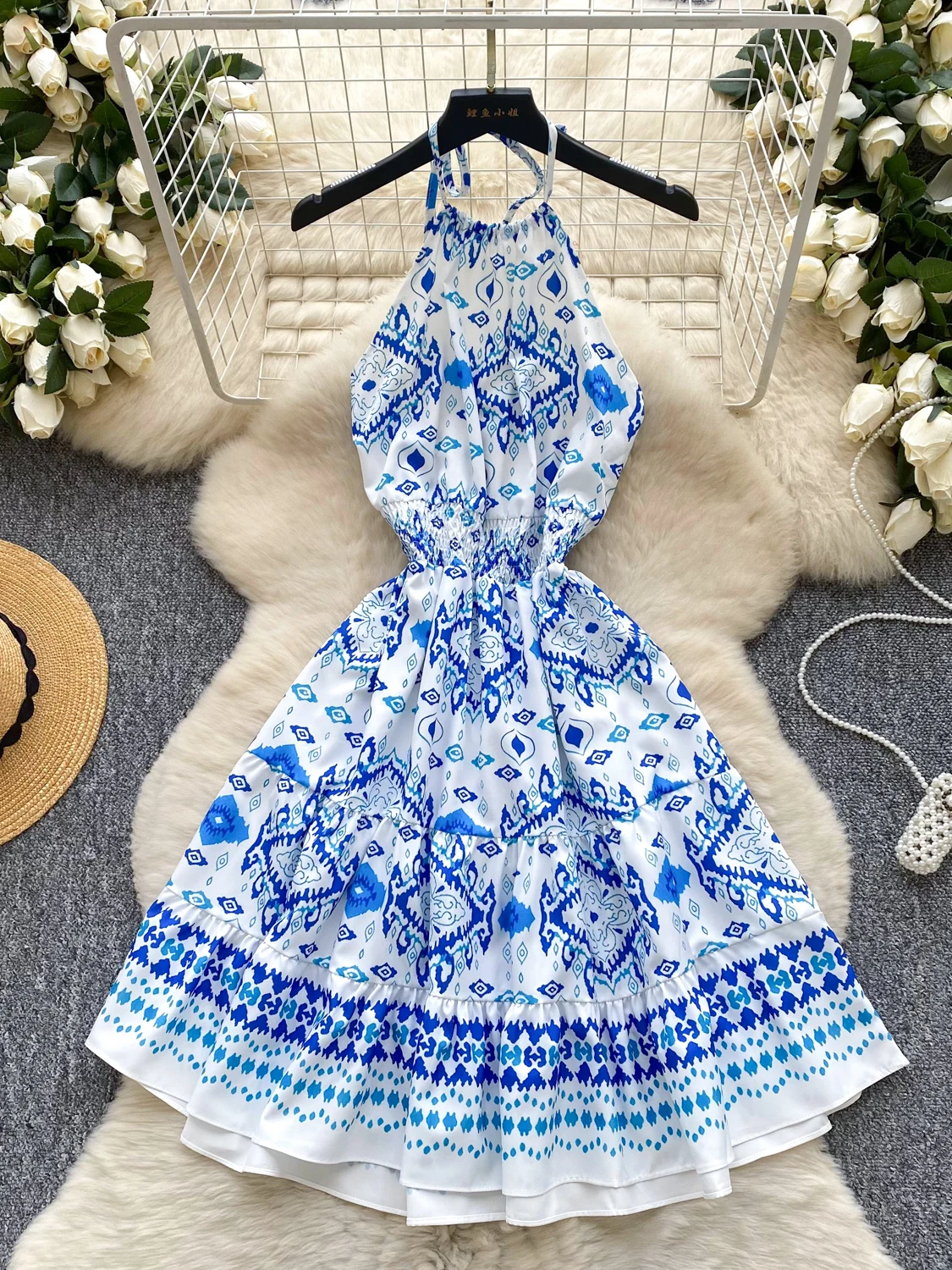 Abito da donna con stampa con scollo all'americana in stile corte di lusso leggero Abito lungo sottile chic estivo da donna Boho Beach Party Club