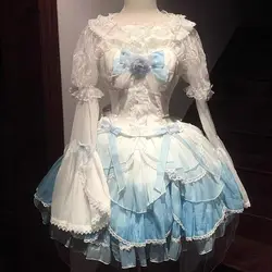 Coalfell Original Genuine Lolita Puff Skirt Lace Bow Blue and White Gradient Large Tail Western Dress Princess Dresses Female