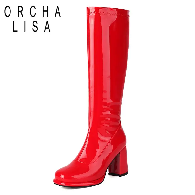 ORCHALISA Luxury Sexy Female Knee Boots Round Toe Chunky Heels 8cm Zipper Large Size 47 48 49 Fashion Dating Party Shiny Booties