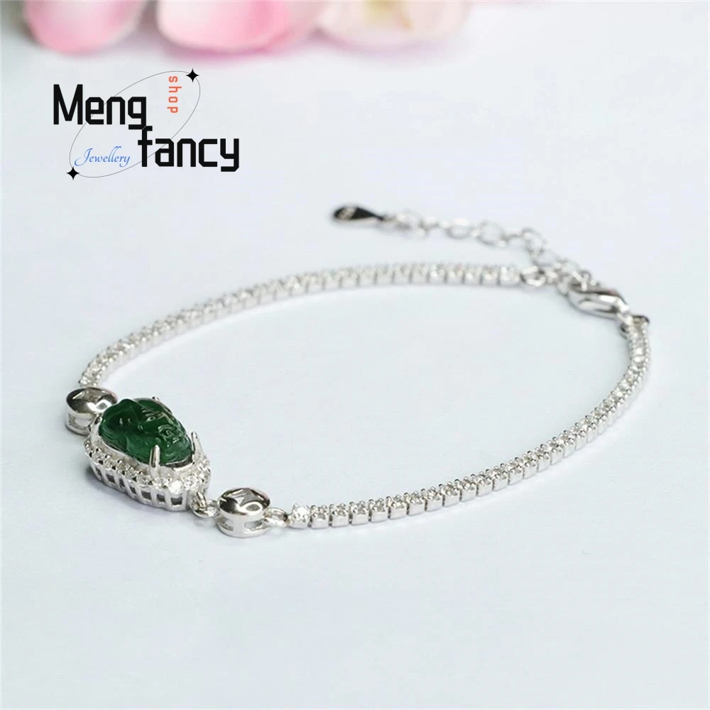 S925 Silver Inlaid Natural Jadeite Ice Type Imperial Pixiu Bracelet Exquisite Elegant High-grade Couple Luxury Fashion Jewelry