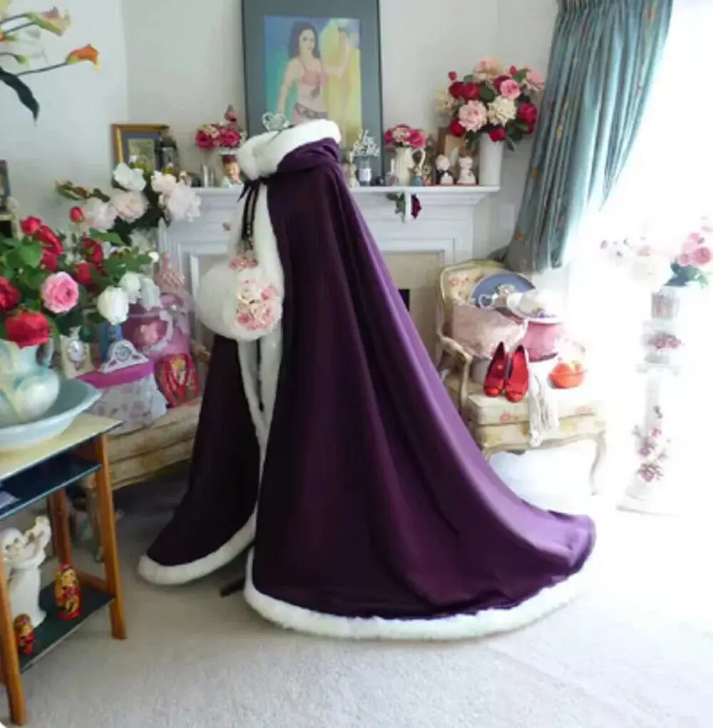 

Purple winter faux fur cape wedding party hooded bridal jacket/shawl