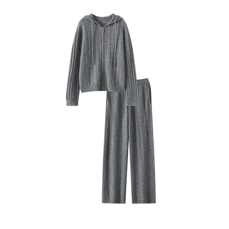 Light luxury cashmere set women's autumn and winter hooded knitted cardigan jacket wide-leg pants two-piece sweater outerwear