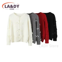 Cardigans Coat Women 2024 Fashion Round Collar Bow Trim Knitted Sweaters Female Solid Color Causal Long Sleeves Button Outerwear