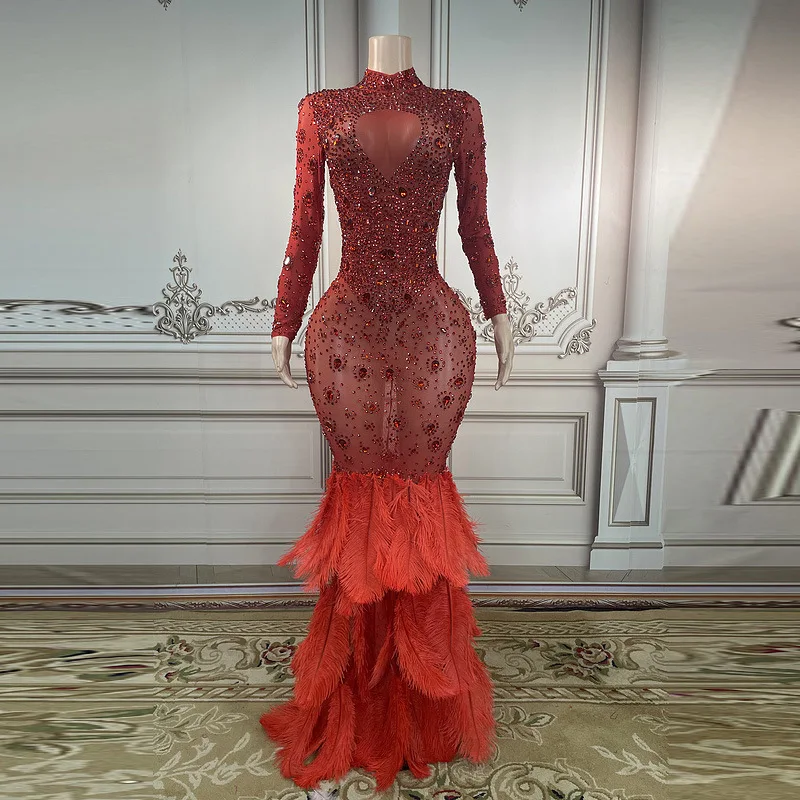 Rhinestone Long Sleeve Feathered and Floor Length Dress Birthday Celebrate Luxurious Costume Dancer Wedding Flashing Dress
