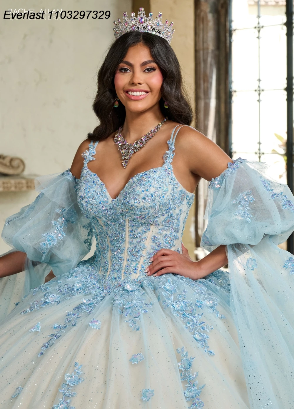 EVLAST Shiny Blue Quinceanera Dress Ball Gown 3D Floral Applique Beading Crystal Puffy Sleeve Sweet 16 Vestido De 15 Anos TQD448