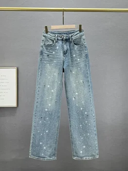 Strass XINGX Anhänger Design Hohe Taille Wash Jeans Damen Sommer Lose Schlankheits- und All-Matching-Hosen mit geradem Bein