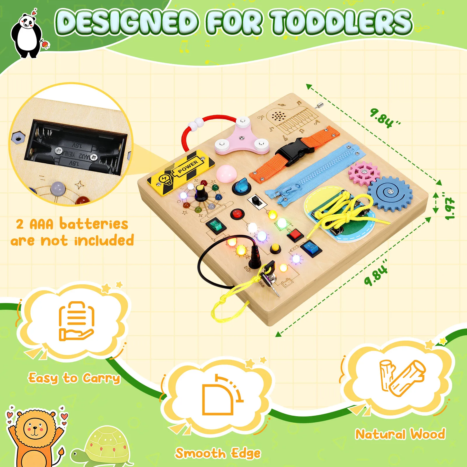 MoKo Montessori Busy Board Toys for 3+ Years Old Wooden Sensory Toys Board with LED Light Up Switch, Locks, Zippers, Music Boxes