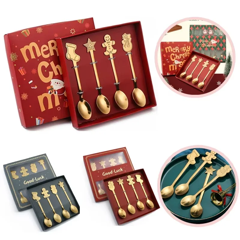 Juego de cucharas navideñas de 4 piezas: mini cuchara de café y té de acero inoxidable de primera calidad para mezclar postres, batidos y mermelada, para Navidad