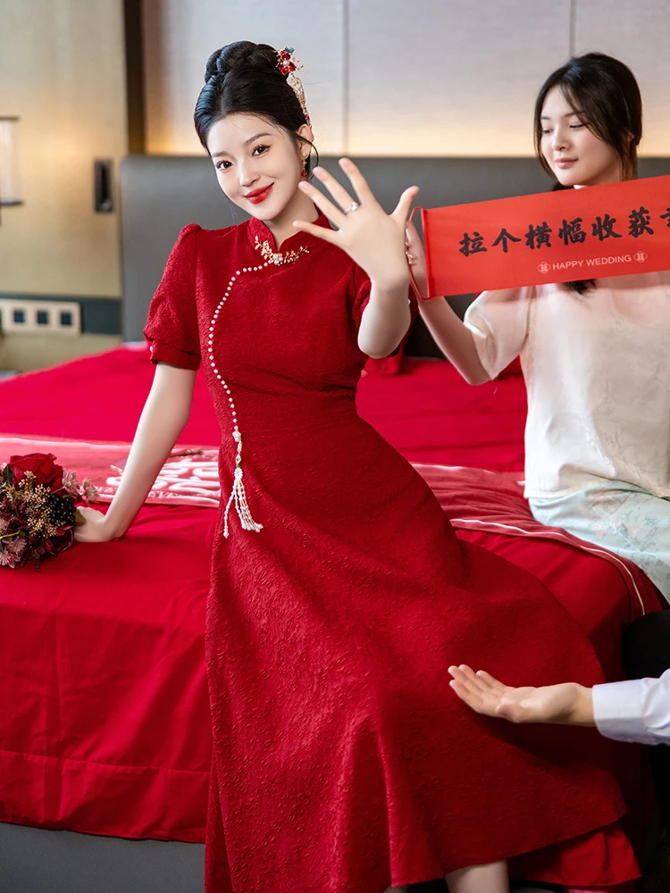 

Red Qipao Wedding Dress Slimming Summer New Style Chinese Wedding Gown for Brides Short Sleeve Zipper Back Vintage Style