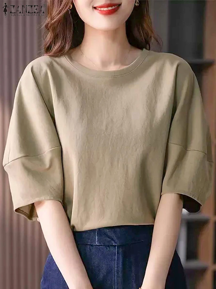ZANZEA 2025 Zomer Bladerdeeg Mouw Elegante Blouse Vrouwen Basic Ronde Hals Tops Blusas Solid Holiday Shirts Casual Losse Tunieken Femme