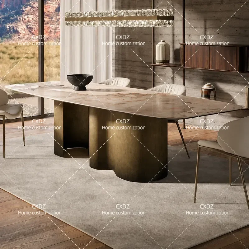 Modern Rectangular Sintered Stone Dining Table and Chairs Set High End Luxury Large Size Simple Home Kitchen Furniture