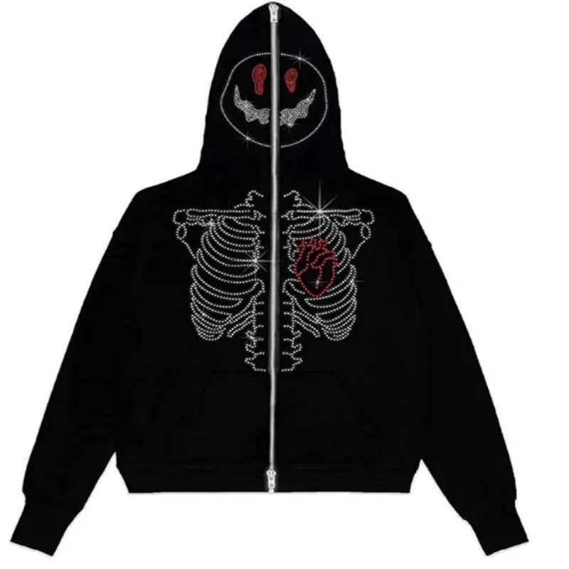 Men Y2K Hip Hop Fashion Hoodie Rhinestones Skeleton Graphics Print Full Zip Oversized Sweatshirts Goth Long Sleeve Hooded Jacket