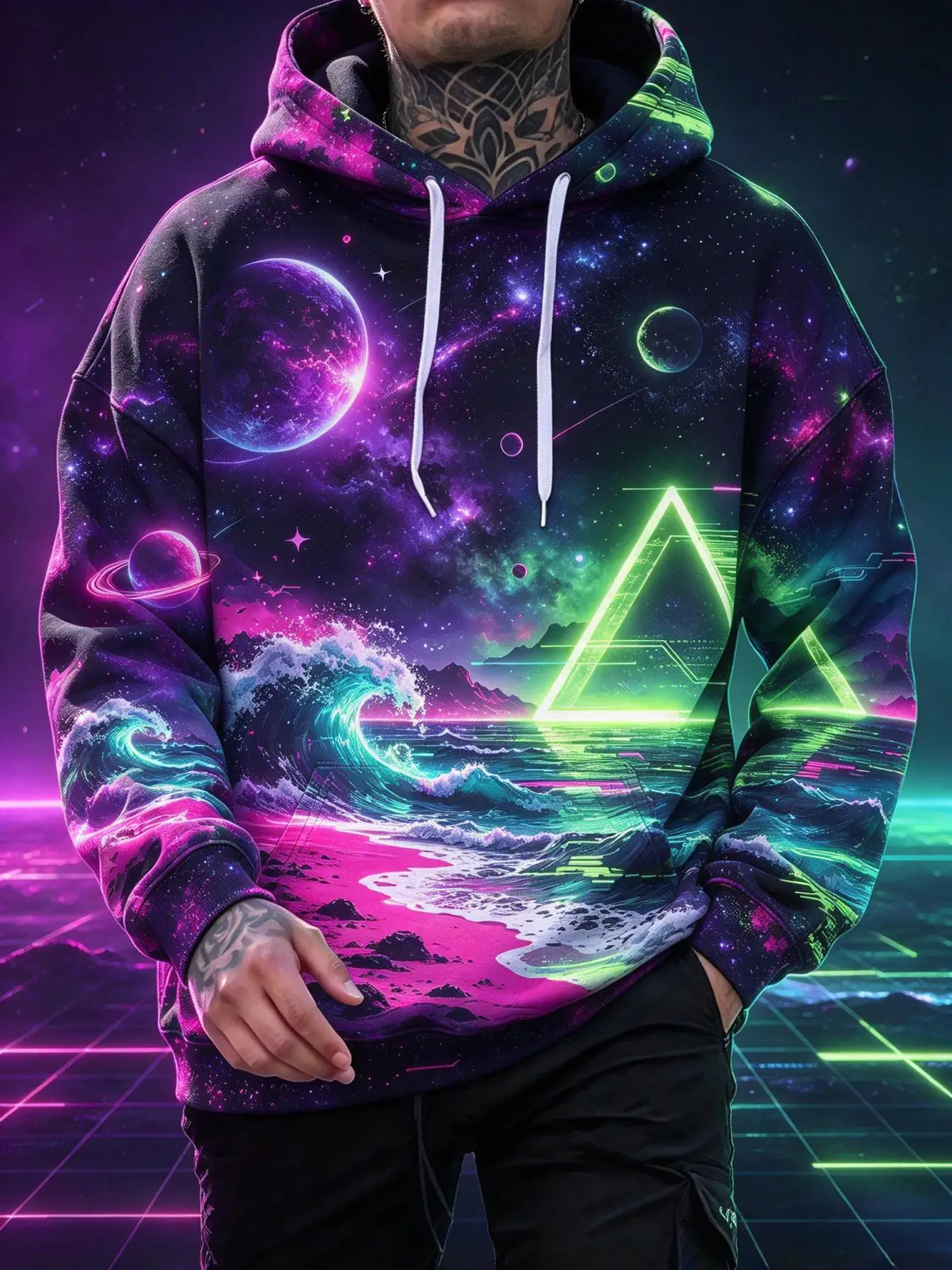 Men's Hoodie Purple Green Neon Cyber Wave Triangle Print Lightweight Stylish Pullover Sweatshirt for Cyberpunk Party Daily Wear