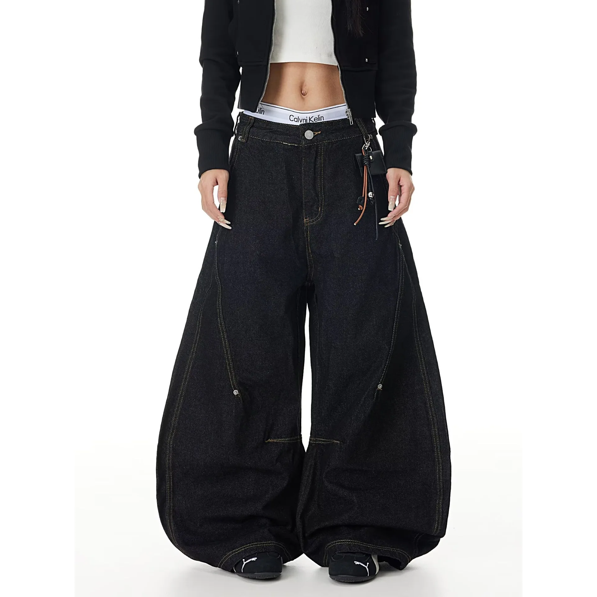 

Women's Gothic Black Cargo Denim Jeans Y2K Harajuku High Waist Wide Leg Pants Street American Retro Style High Clothing