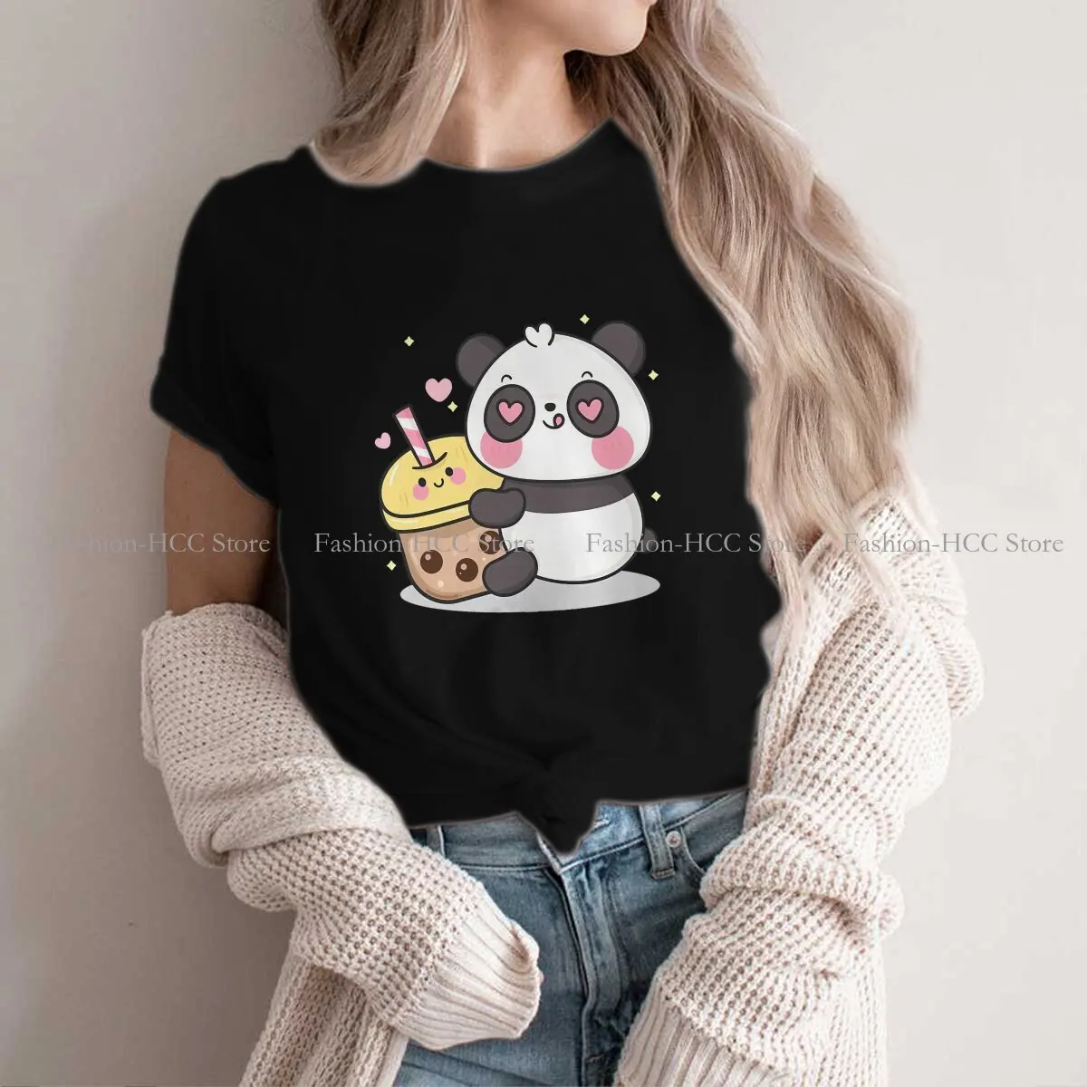 Milk Tea Fashion Polyester TShirts Cute Panda Animal Female Style Tops T Shirt Round Neck