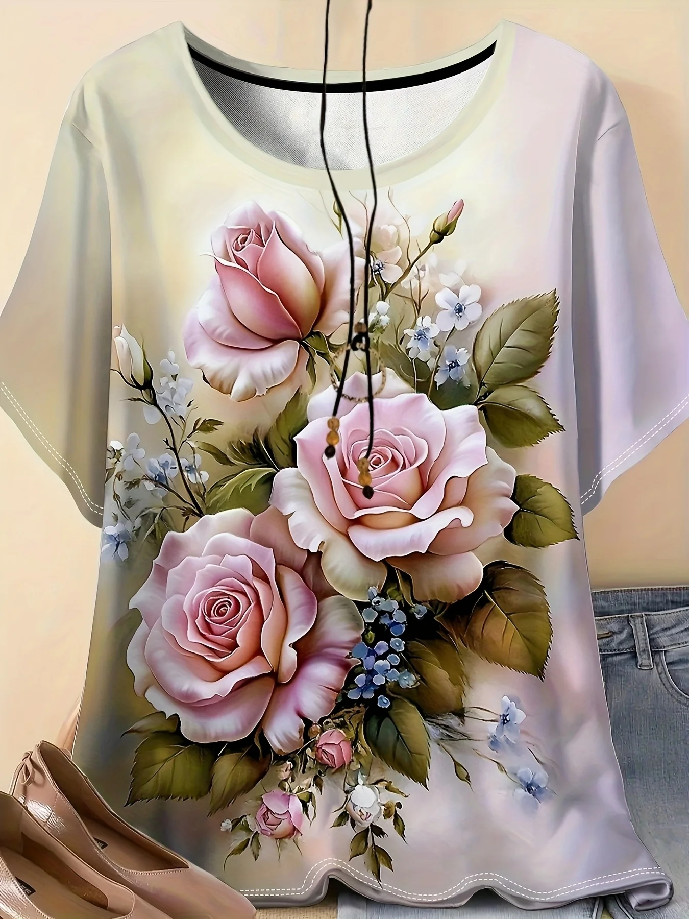 Women Short Sleeve T‑Shirt Vintage Pink Rose Floral Print Green Leaves Round Neck Loose Casual Summer Daily Tops