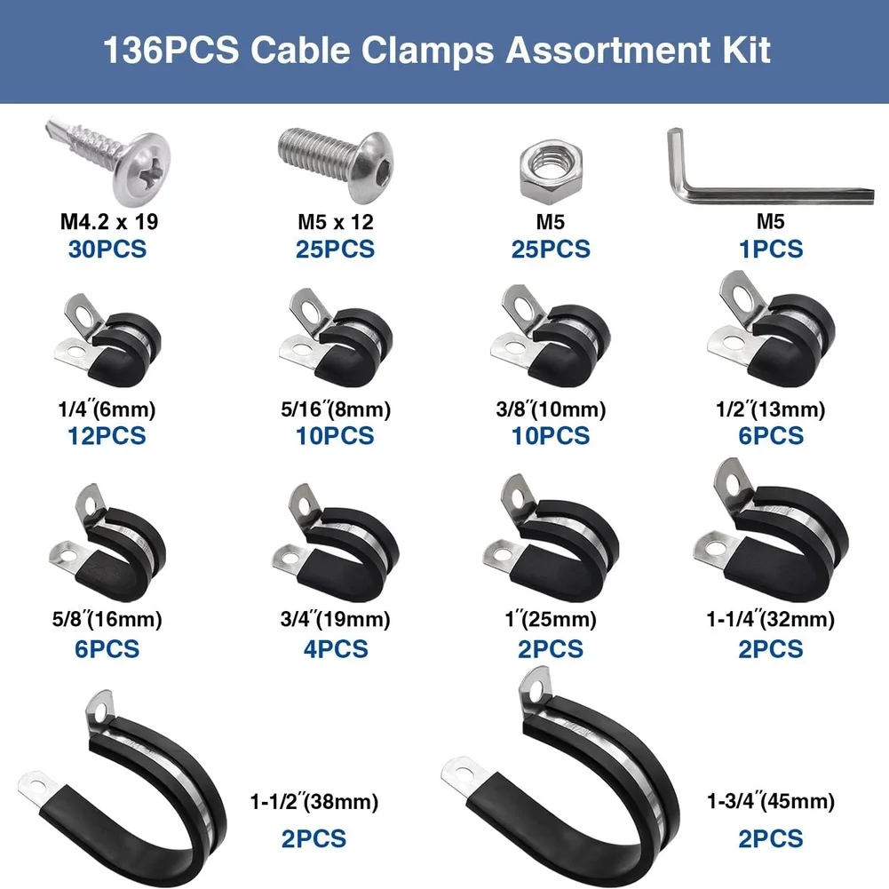 136PCS 304 Stainless Steel Rubber Cushioned Cable Clamp Holders Assortment Kit Suitable For Ships, Industries & Home Decoration