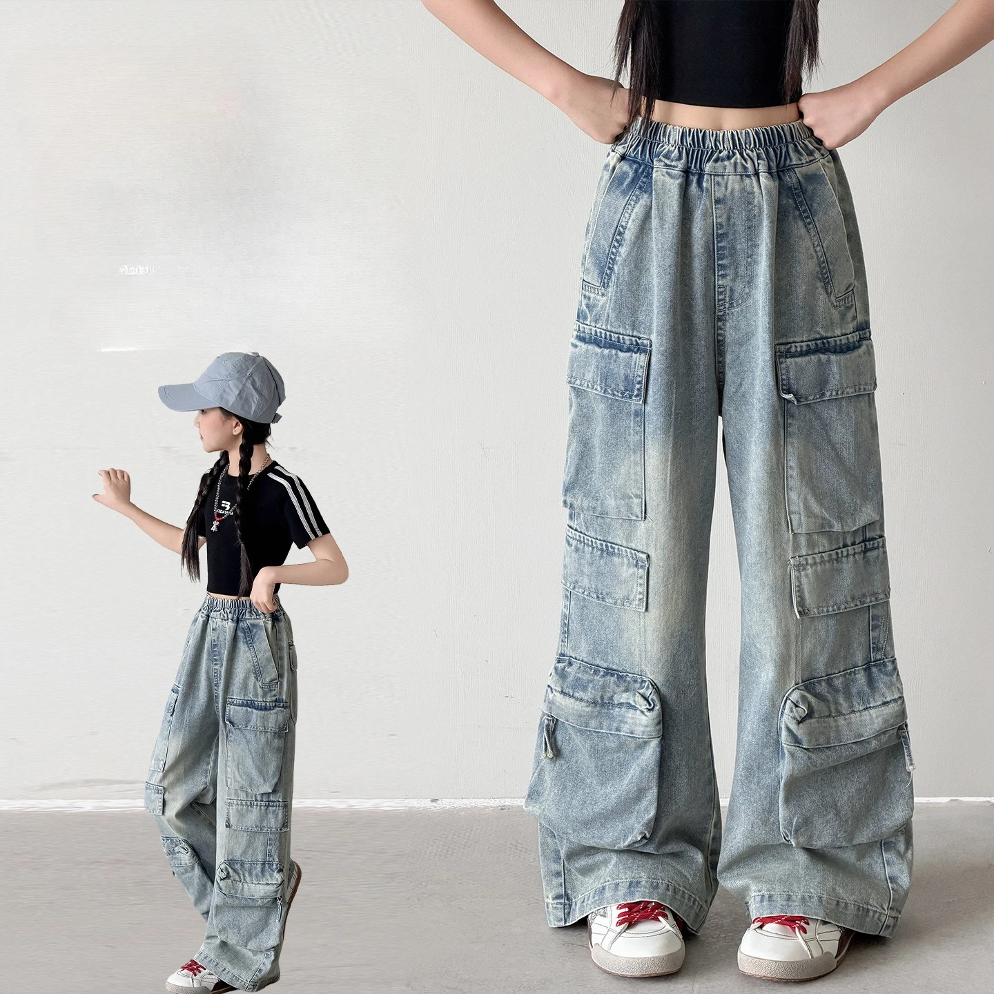 Teenage Boys Girls Casual Cargo Jeans With Multi Pocket Preppy Loose Children Denim Pants Fashion Kids Trousers Sweatpants