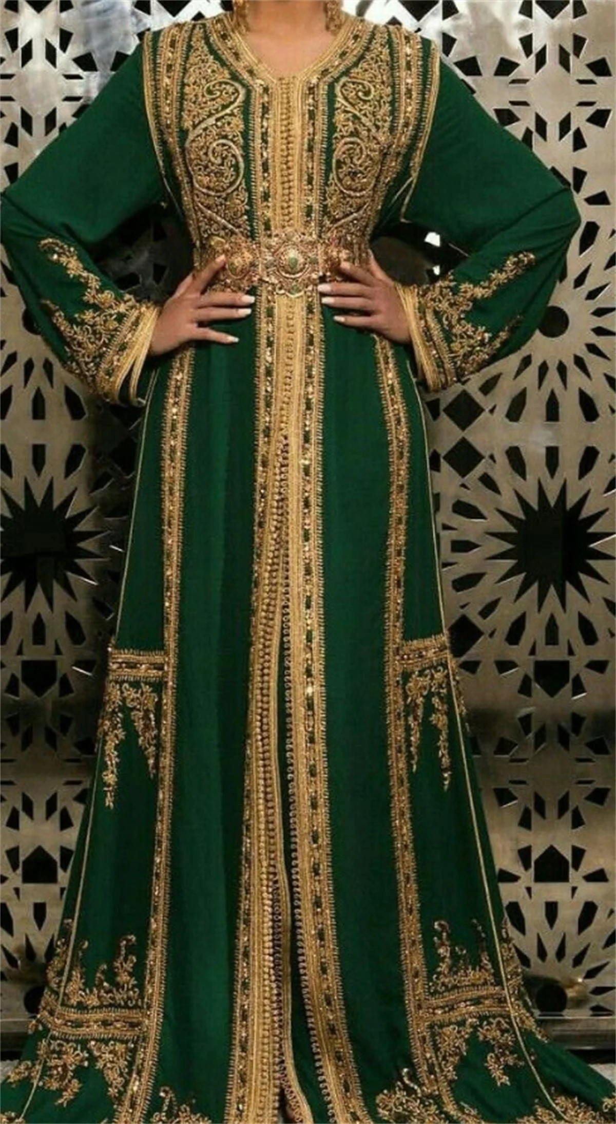 Muçulmano vestidos de festa marroquino dubai kaftan rendas formal vestidos de noite com decote em v bordado apliques manga completa árabe 2023