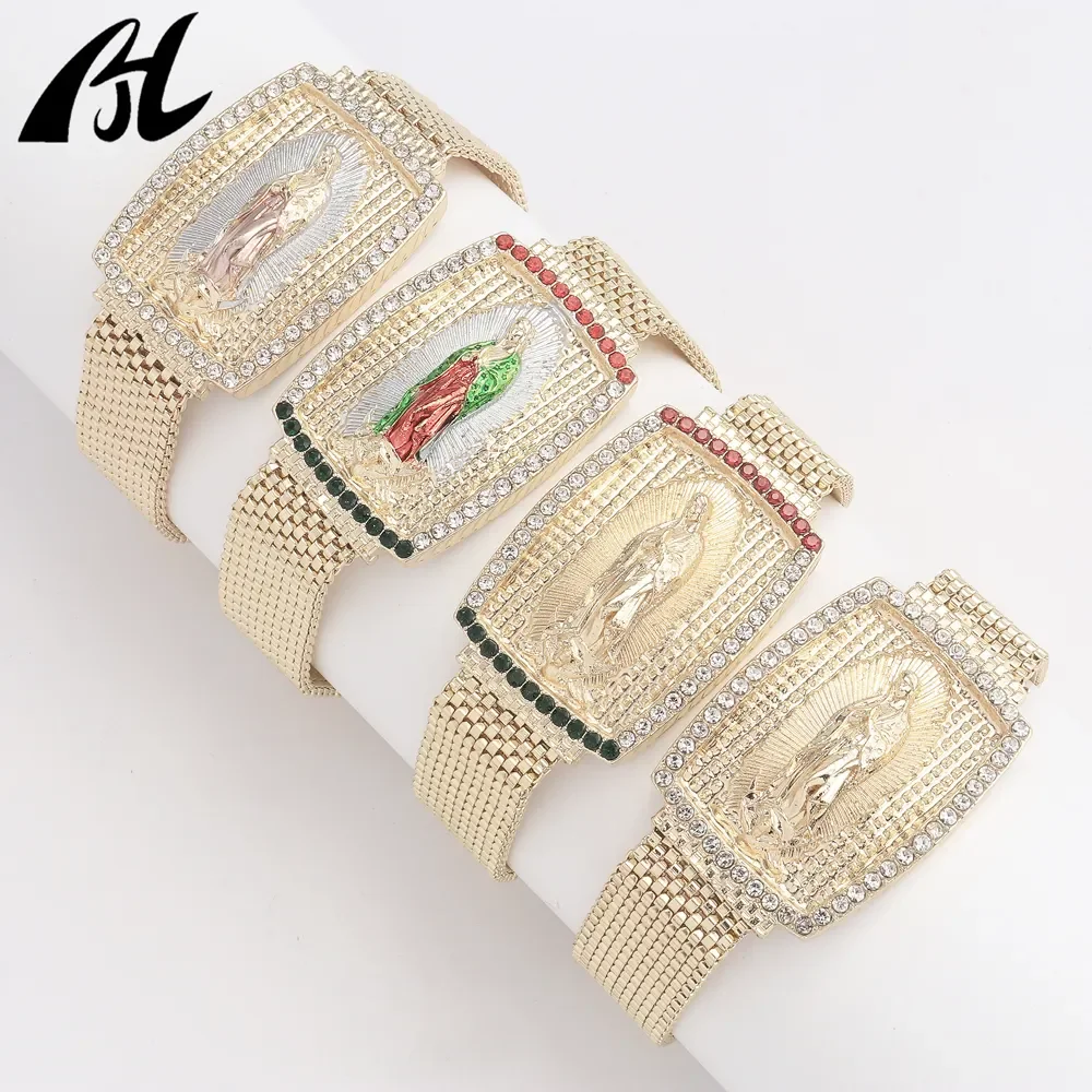 

Fast Shipping Joyeria Luxury Fashion Gold Diamond Charm Virgin Mary Medal Hiphop Chain Bracelets Bangle