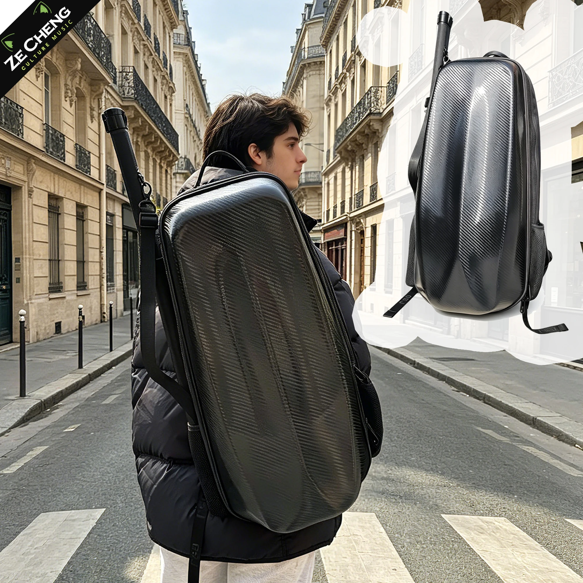 4/4 Full Size Carbon Fiber Violin Case with Bow Case, Hard Shell Shockproof Pc Violin Case, Backpack Shoulder Straps, Lightweight
