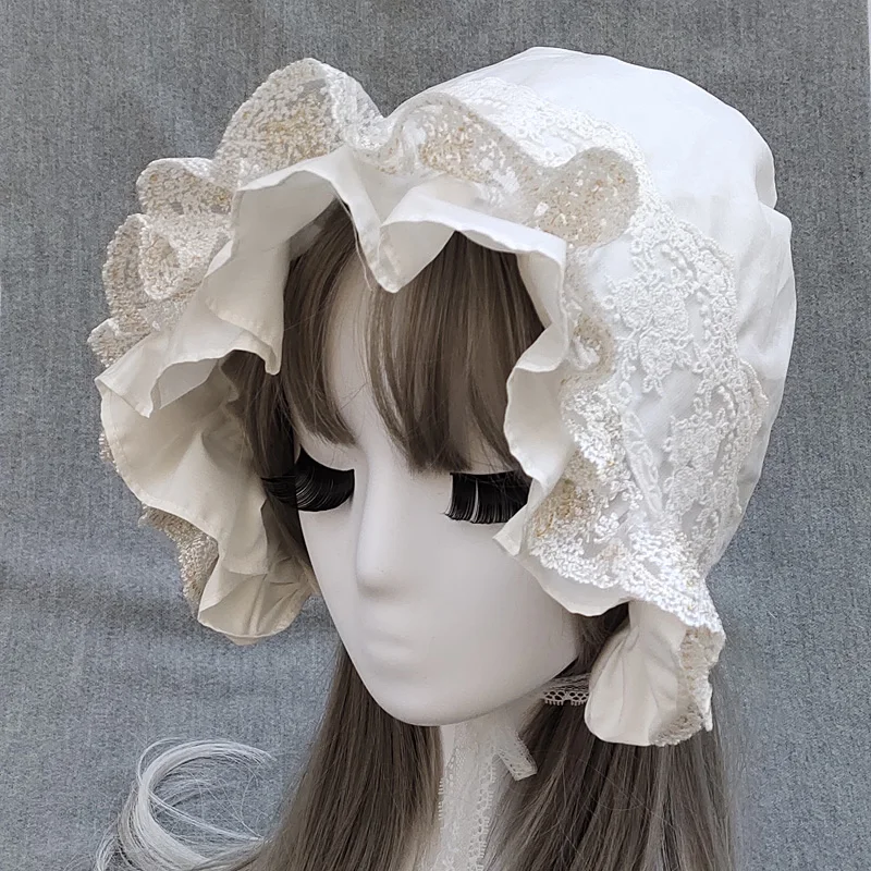 Lolita Bonnet Hat Vintage Victorian Maid Cosplay Women Girls Pumpkin Sweet Cotton Cap Lace Up Straps